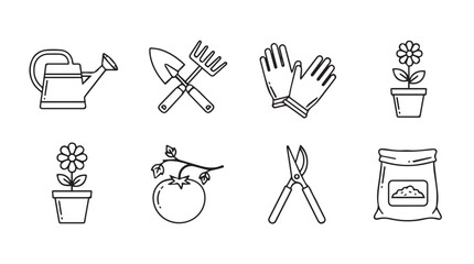 Collection of gardening tools and plants silhouette