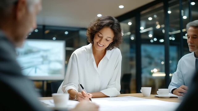 An architect presents a museum blueprint in a boardroom with a projector displaying plans stakeholders discussing a model on a table and coffee cups scattered depicted in a