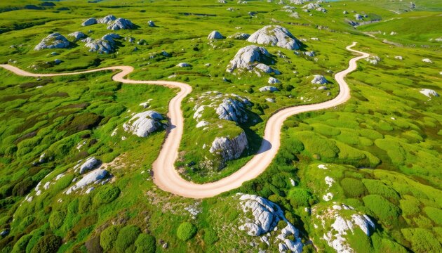 Winding dirt road through lush green landscape nature photography aerial view serenity and exploration - Powered by Adobe