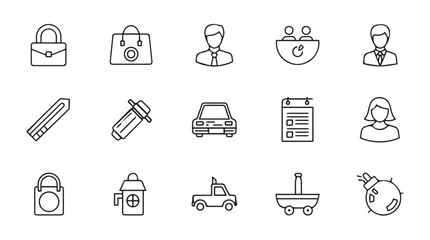 Collection of hand drawn business and service icons in a simple silhouette style