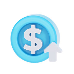 3D render of a blue coin with a white dollar sign and an upward arrow, symbolizing financial growth, increasing value, and economic prosperity.