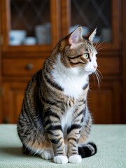 Obraz premium Curious tabby cat posing elegantly indoors home environment pet photography natural light