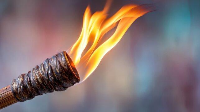 Illuminating Torch Flame Close-Up: Fiery Glow Against Blurred Backdrop, Symbolizing Warmth, Light, and Traditional Ambiance - Powered by Adobe