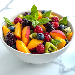Delicious mixed fruit salad in black bowl isolated on transparent background