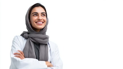 Young Arabian female doctor woman laughing, banner isolated