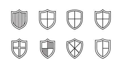 Collection of eight hand drawn shield emblems in a rough sketch silhouette style © Pias
