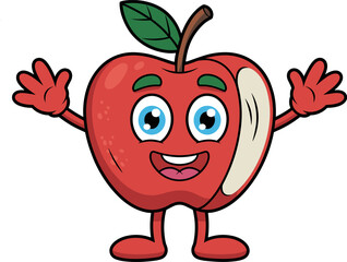 A Cheerful Cartoon Apple Character with Big Blue Eyes Open Arms and a Wide Smile Promoting Healthy Eating and Fun