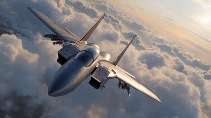 Fighter Jet Soaring Above Cumulus Clouds During Golden Hour For Military And Defense Purposes