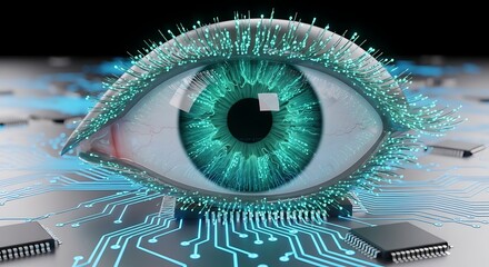 Cybernetic eye with digital circuits, representing AI, technology, and advanced vision