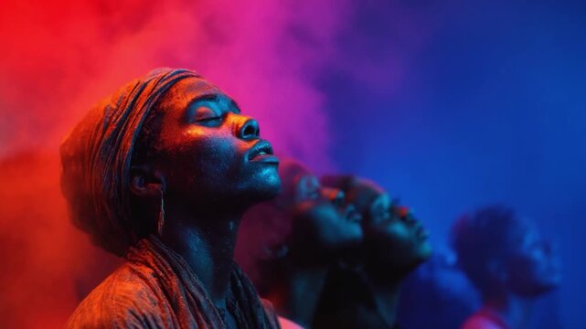 Mystical Ascent: Silhouetted figures bathed in vibrant red and blue light with eyes closed, emerging from the smoky embrace, a visual ode to introspective contemplation and serene detachment.