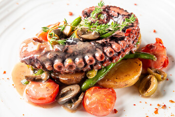 Grilled octopus tentacle served with vegetables, herbs, and creamy sauce on white plate. Gourmet seafood dish with elegant plating and vibrant colors. Horizontal, close-up