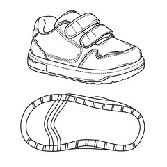 A detailed black and white outline drawing of a childs sneaker, featuring hook and loop straps and a textured sole.