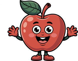 A Cheerful and Energetic Cartoon Apple Character Waving with a Big Smile and Open Arms Demonstrating Happiness and Friendliness to Children