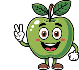 A Jolly Green Apple Character with a Big Smile and Two Fingers Held Up in a Peace Sign Symbolizing Fun and Good Vibes in a Whimsical Illustration