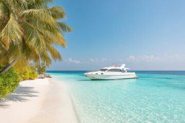 Fototapeta premium in breathtaking maldives tranquil vessel gently glides over crystalclear waters creating sense of peace