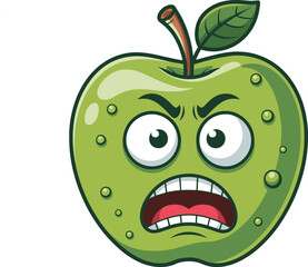 This cartoon green apple with a very angry expression and wide eyes appears to be shouting or making a fierce face with its mouth open in a furious display of intense emotion and agitation