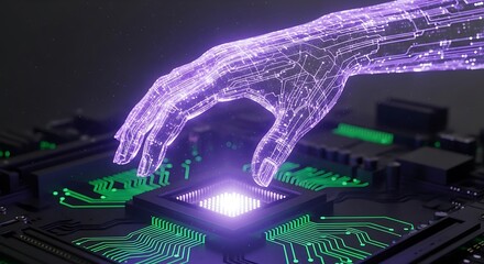 Digital hand reaching for glowing processor, concept of AI and technological innovation
