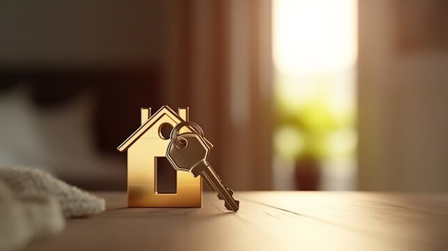 Opening door with golden house key chain on fuzzy interior background and mockup for your advertisement. Homebuying idea