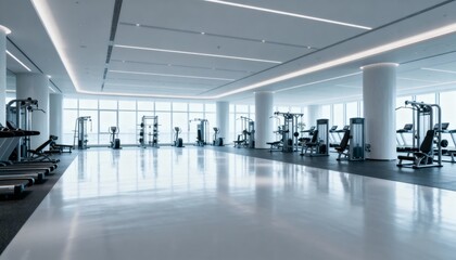 Bright and Spacious Gym Interior with Modern Equipment and Panoramic Windows for Fitness and Wellness