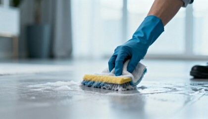 Hand in glove scrubbing tiled floor with brush and soapy water for hygiene