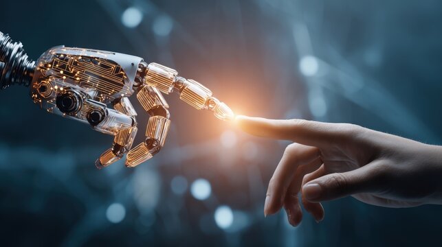 Human and Robot Hand Touching, Artificial Intelligence and Future Technology Concept, Innovative Automation