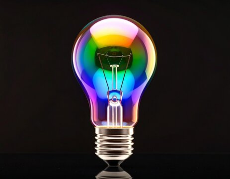 Rainbow Glass Light Bulb on Black Background 虹色に輝く電球 黒背景