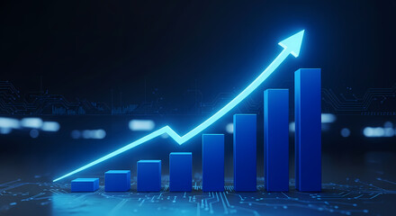 Glowing blue bar chart with upward trend arrow
