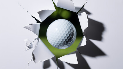 Golf Ball Breaking Through Torn Paper; Dramatic, Abstract Sports Image