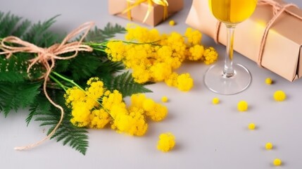 Postcard for March 8. Women's Day. Mimosa and flowers