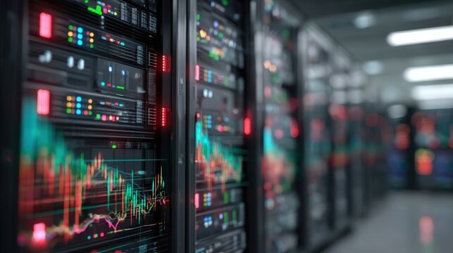 Data Center Servers Displaying Financial Charts for High-Frequency Trading and Analysis