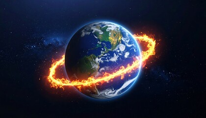 Obraz premium A digital artwork depicts planet Earth encircled by a fiery ring against a starry, deep space background
