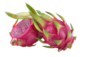 Two Halved Pink Dragon Fruits with Green Scales on Transparent Background