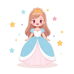 Sweet Anime Princess Girl in Magical Blue Gown with Crown - AI Generated