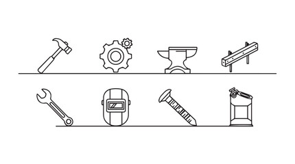 Collection of industrial tools and equipment in a simple line drawing silhouette