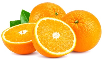Freshly sliced oranges and leaves on a bright white background, displaying vibrant citrus hues and a healthy, appetizing quality.