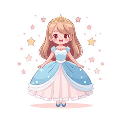 Cute Anime Princess Girl in Blue Dress with Tiara - AI Generated