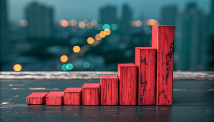 Red wooden blocks form rising graph against city lights