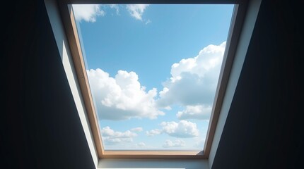 Image of attic window with blue sky view.3d render
