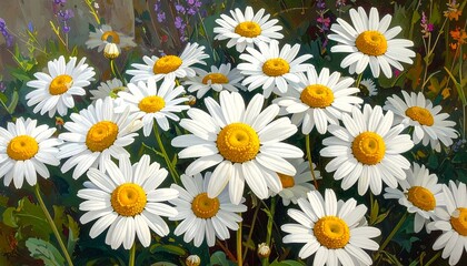 A vibrant display of daisy flowers, showcasing detailed petals and bright yellow centers, in a lush garden setting.
