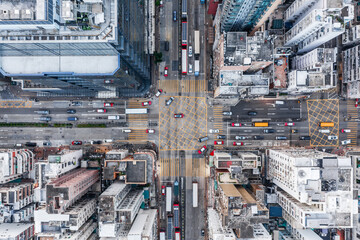 Top down view of road intersection with traffic, Hong Kong