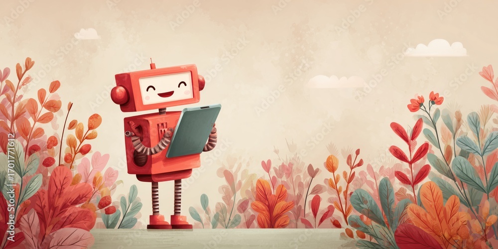 Poster cheerful robot character holding tablet surrounded by colorful autumn foliage in a whimsical setting