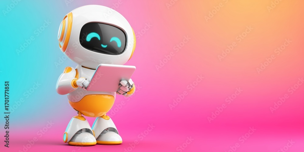 Poster friendly robot character holding tablet device with vibrant colorful background for digital design