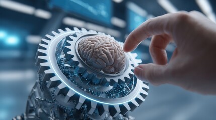 Artificial Intelligence Concept: Hand Interacting with Brain Gears, Symbolizing Cognitive Function and Technological Integration