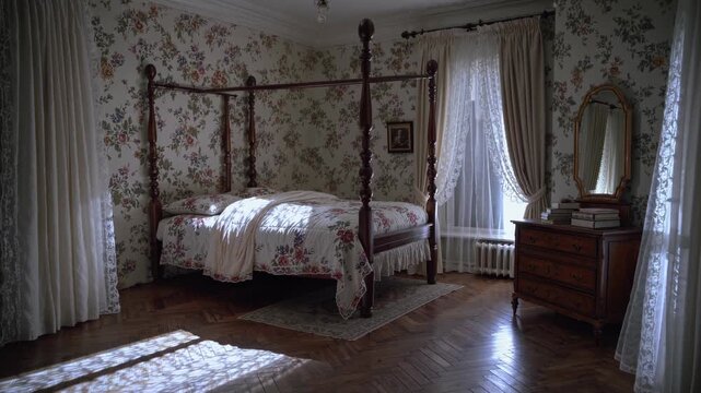 Elegant vintage bedroom design with a four-poster bed and floral wallpaper in a historic home