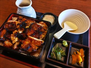 Japanese grilled chicken rice box with condiments