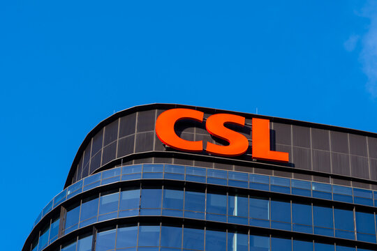 Melbourne, Australia - August 30, 2025: Close up of CSL sign on the office building in Melbourne, Victoria, Australia. CSL Limited is an Australian multinational specialty biotechnology company. 