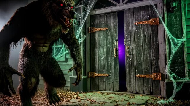 Ferocious werewolf halloween monster standing outside a spooky house with open door and purple mist, a classic horror thriller footage.