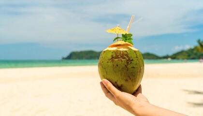 Refreshing Green Coconut Drink with Tropical Beach and Ocean Backdrop
