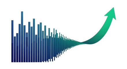 Abstract Data Visualization with Blue Vertical Bars Increasing into Green Upward Arrow