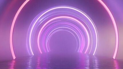 Obraz premium Abstract Neon Tunnel with Glowing Circular Arches and Reflective Floor, Modern Futuristic Background